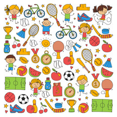 Children sport Fitness Football Volleyball Tennis Basketball Bicycle Running Award Baseball Kids sport for boys and girls Vector pattern