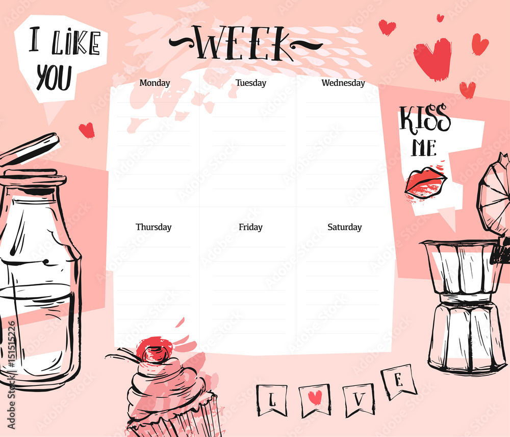 Hand made vector abstract textured romantic Weekly planner template ...