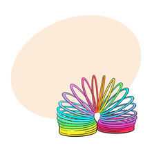 Rainbow Colored Plastic Spring, Spiral Toy, Sketch Style, Hand Drawn Illustration With Space For Text. Realistic Hand Drawn, Sketch Style Retro, Vintage Rainbow Colored Plastic Spring Toy