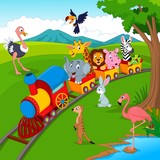 Cartoon train on railroad with wild animals
