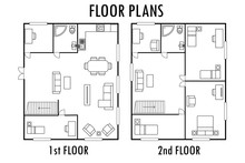 Architecture Plan With Furniture. House First And Second Floor Plan