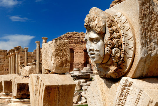 libya, tripoli, leptis magna, murqub district, khoms, severan forum, close-up of medusa, roman archa