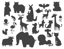 Cute Zoo Cartoon Silhouette Animals Isolated Funny Wildlife Learn Cute Language And Tropical Nature Safari Mammal Jungle Tall Characters Vector Illustration.
