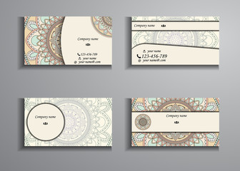 visiting card and business card big set. Floral mandala pattern and ornaments. Oriental design Layout, ottoman motifs. Front page and back page.