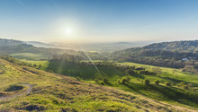 Bright Sun Over Cotswold Way Valley. British Landscape At Spring From Barrow Wake Viewpoint In England