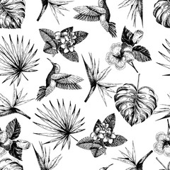 Vecotr hand drawn seamless pattern. tropical plants. Exotic engraved leaves and flowers. Monstera, livistona palm leaves, bird of paradise, plumeria, hibiscus, hummingbird.