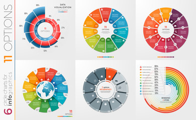 Collection of 6 vector circle chart templates 11 options.