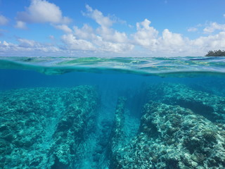 Wall Mural - Over under water surface, rocky seabed with coral reef underwater and cloudy blue sky split by waterline, Huahine, Pacific ocean, French Polynesia