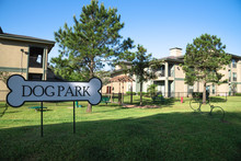 Community On-site Dog Park At The Grassy Backyard Of A Typical Apartment Complex Building In Suburban Area At Humble, Texas, US. Off-leash Dog Park With Pet Stations, Toys And Bag Dispensers