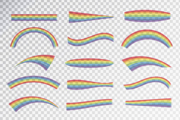 vector realistic isolated rainbow effect in different shapes on the transparent background.