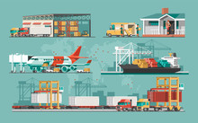 Delivery Service Concept. Container Cargo Ship Loading, Truck Loader, Warehouse, Plane, Train. Flat Style Vector Illustration.