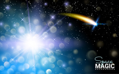 Wall Mural - Neon Glittering Star Dust trail Sparkling Particles. Blue Space Sparkle Comet Tail. Effect Realistic Design Elements. Vector Illustration Modern Background