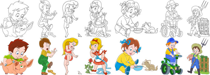 Cartoon people set. Farm collection. Veterinarian doctor, boy hitting a finger, woman and mouse, girl and rose flower, child feeding a cat, boy driving a tractor, farmer. Coloring book pages for kids.