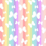 cute white butterflies on rainbow colorful stripes seamless vector pattern background illustration

