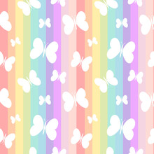 Cute White Butterflies On Rainbow Colorful Stripes Seamless Vector Pattern Background Illustration

