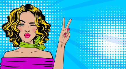 beautiful sexy blonde winkle positive girl show peace symbol two fingers, pink lips style pop art. c