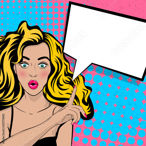 Zdjęcie XXL Piękna seksowna dziewczyna zaskoczony długie włosy, otwarte usta stylu pop-art mówić palec pokazujący. Komiks retro tekstura tło półtonów. Ilustracja wektorowa kropki. Reklama komiksowy tekst dymek.