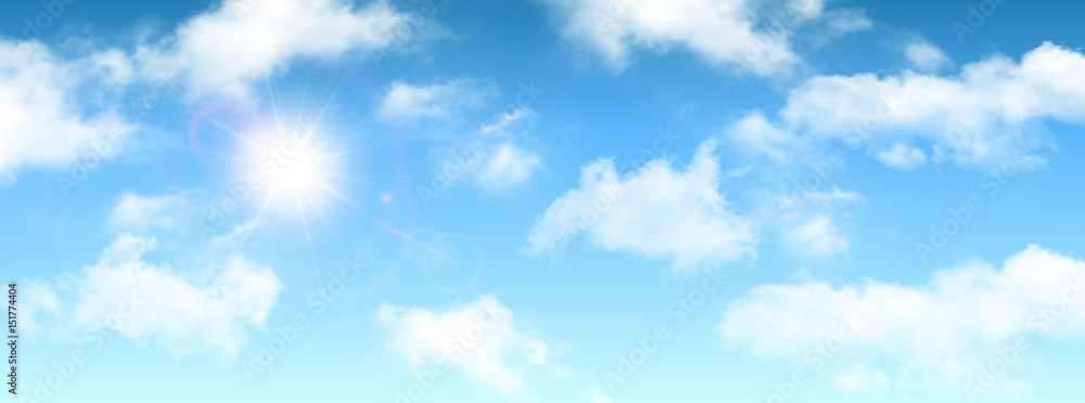 Sunny background, blue sky with white clouds and sun - obrazy, fototapety, plakaty 