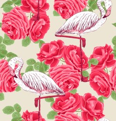 Wall Mural - Vector sketch of a flamingo with roses. Hand drawn illustration