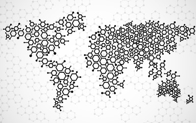 abstract world map of hexagonal molecular structures. vector
