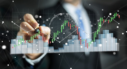 Aufkleber - Businessman using digital 3D rendered stock exchange stats and charts