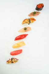 Wall Mural - Mixed sushi nigiri on white background