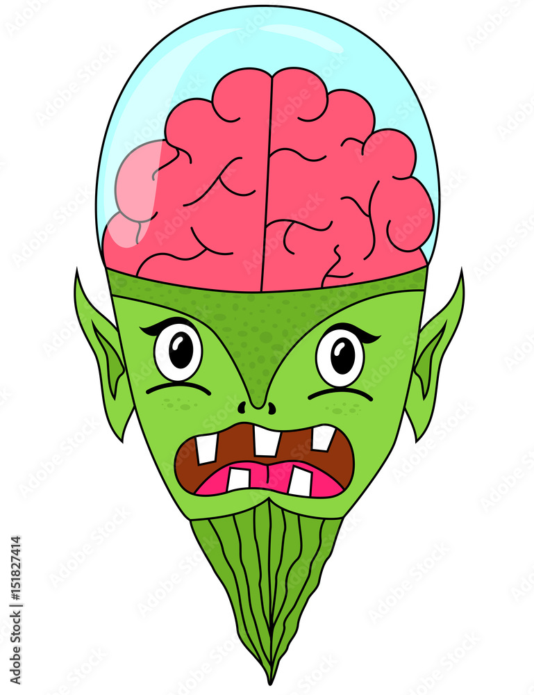 Cartoon alien head with brain in glass dome