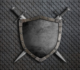 Wall Mural - medieval shield with two crossed swords over scales armor 3d illustration
