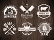 BBQ, burger, grill badges. Set of vector barbecue logos. Retro emblems for steak house or grill bar on vintage wooden background.