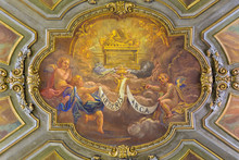TURIN, ITALY - MARCH 14, 2017: The Ceiling Fresco Of Angels With Marianic Inscription Of Litany And The Ark Of The Covernant In Church Chiesa Di San Francesco Giovanni Andrea Casella (1619 - 1856).