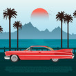 Red retro car on road near blue sea or ocean with palm trees and mountains