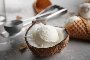 Canvas Print - Fresh ball of ice cream in half of coconut on kitchen table