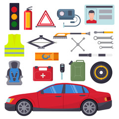 Auto car repair service symbols isolated shop worker maintenance transportation automotive mechanic vector illustration.