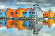 Reitdiephaven street with traditional colorful houses on water, Groningen, Netherlands