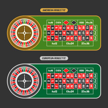 Vector image of Roulette Table: american roulette with double zero and simple Wheel top view, european or french roulette table with wheel isolated on black background for gamble game in online casino