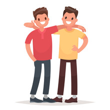 Concept Of Male Friendship. Two Guys Hug. Vector Illustration In A Flat Style