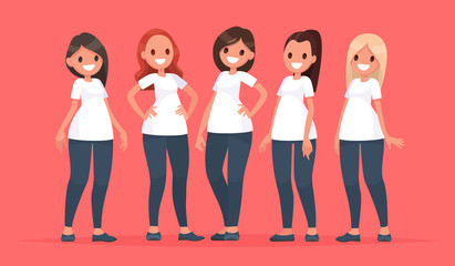 Wall Mural - Group of happy women in casual clothes on a pink background. Vector illustration