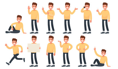 set of a guy in casual clothes in different poses. a character for your project. vector illustration