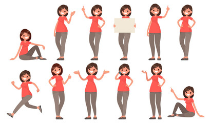 Wall Mural - set of a woman in casual clothes in different poses. a character for your project. vector illustrati