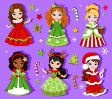 Illustration Of Group Beautiful Winter Christmas Princess.