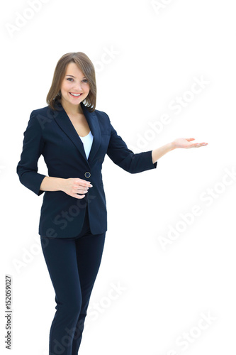 Fotografía Smiling businesswoman showing open hand palm with copy space for