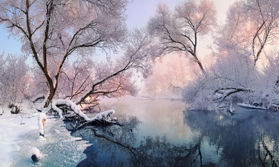 mostly calm winter river, surrounded by trees covered with hoarfrost and snow that falls on a beauti