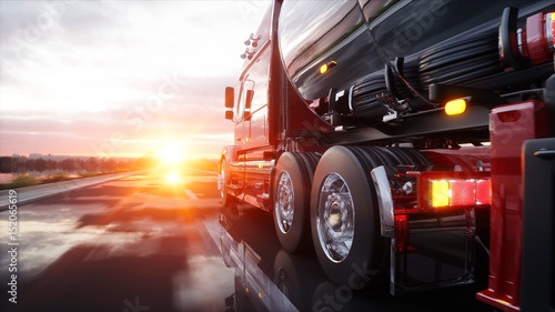 Zdjęcie XXL Benzyna cysterna, przyczepa olejowa, ciężarówka na autostradzie. Bardzo szybka jazda. 3d rendering.