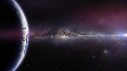 Wall Mural - planet earth in front of the beautiful milky way galaxy