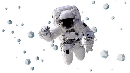 astronaut flying between icosahedron objects 