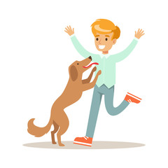 Sticker - Smiling boy playing with his dog. Colorful cartoon character vector Illustration