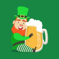 Sticker - Cute cartoon dwarf Leprechaun sitting with glass mug of fresh beer. Saint Patricks Day colorful character vector