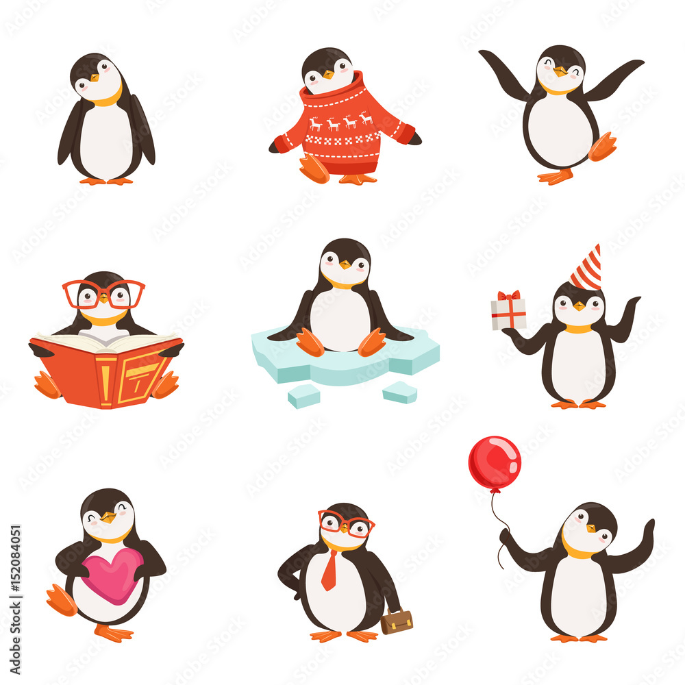 Cute little penguin cartoon characters set for label design. Colorful detailed vector Illustrations - obrazy, fototapety, plakaty 