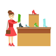 Sticker - Women shopping for shoes in a shoes store, colorful vector illustration