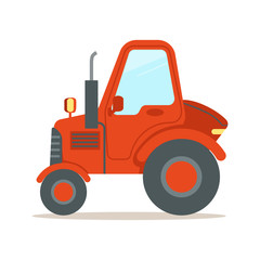 Sticker - Red tractor, heavy agricultural machinery colorful cartoon vector Illustration